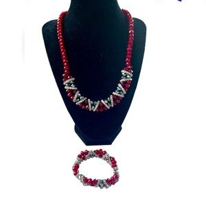 ELEGANT Red Crimson Glass Bead Silver Rhinestone Necklace And Bracelet‎ Set